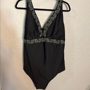 Aqua Couture Black One-Piece Swimsuit with Olive Green Embroidery